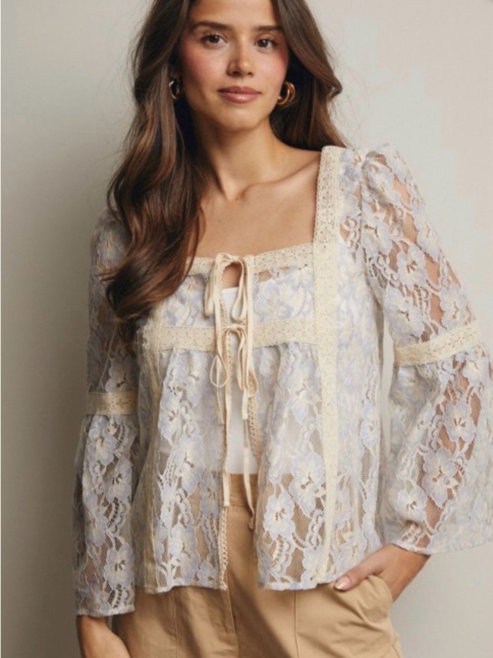 Sheer Lace Tie-Front Cardigan in Cream and Light Blue NWT